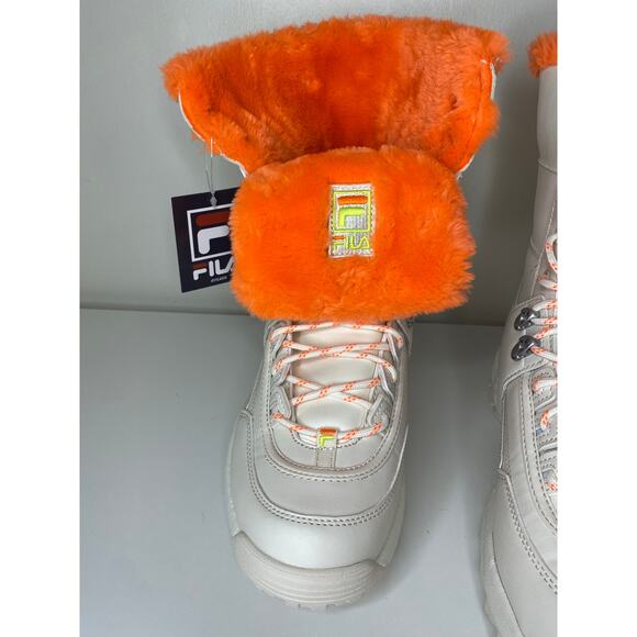 NWT FILA BOOTS 10 DISRUPTOR WHITE ORANGE SHEARLING TOP WINTER SNOWBOOTS LACE UP - Picture 9 of 12